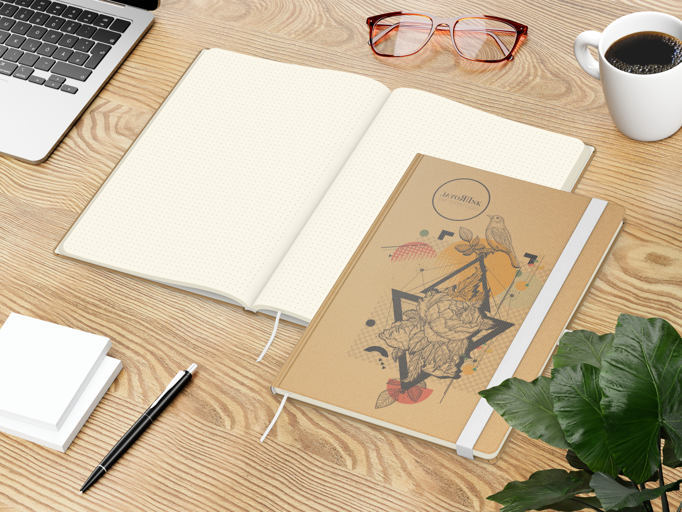 Notizbuch Match-Book Naturpapier-Hardcover individuell bedruckt, DIN A4, Papierfarbe/Lineatur Cremefarben/Punktraster, Einband-Papierfarbe Braun