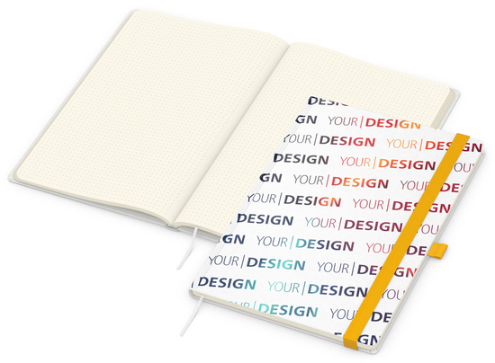 Notizbuch Match-Book Naturpapier-Hardcover individuell bedruckt, DIN A4, Papierfarbe/Lineatur Cremefarben/Punktraster, Einband-Papierfarbe Weiß