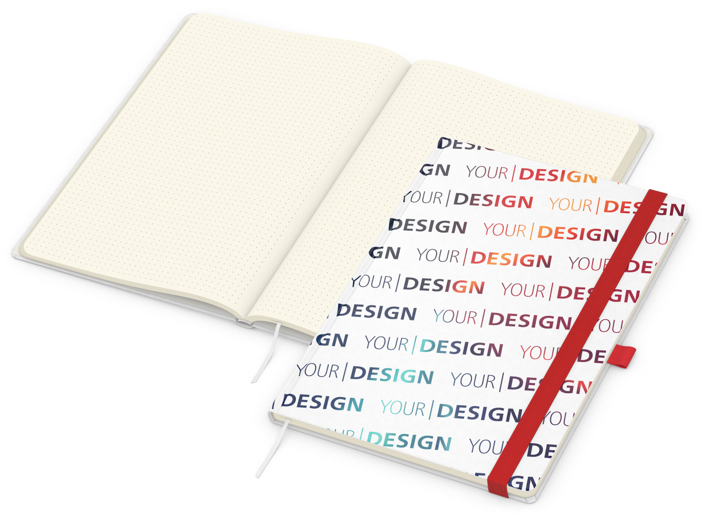 Notizbuch Match-Book Naturpapier-Hardcover individuell bedruckt, DIN A4, Papierfarbe/Lineatur Cremefarben/Punktraster, Einband-Papierfarbe Weiß