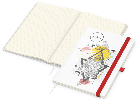 Notizbuch Match-Book Naturpapier-Hardcover individuell bedruckt, DIN A4, Papierfarbe/Lineatur Cremefarben/Punktraster, Einband-Papierfarbe Weiß
