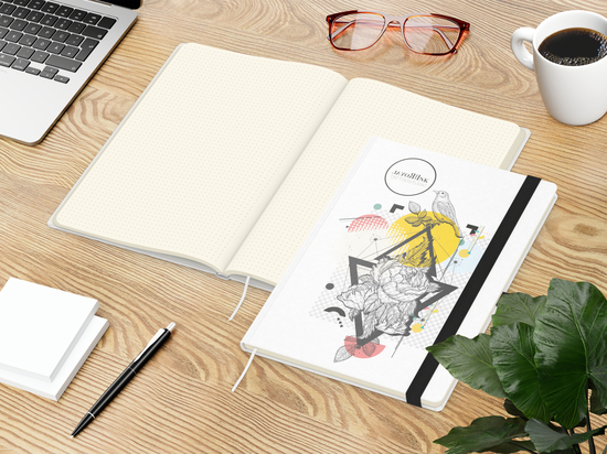 Notizbuch Match-Book Naturpapier-Hardcover individuell bedruckt, DIN A4, Papierfarbe/Lineatur Cremefarben/Punktraster, Einband-Papierfarbe Weiß