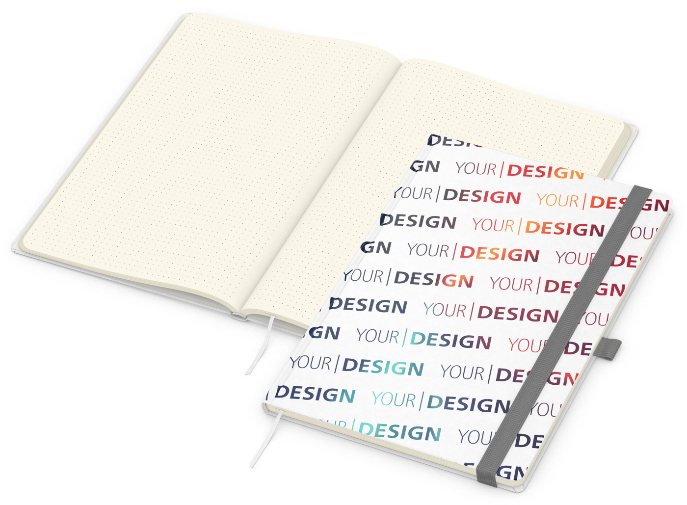 Notizbuch Match-Book Naturpapier-Hardcover individuell bedruckt, DIN A4, Papierfarbe/Lineatur Cremefarben/Punktraster, Einband-Papierfarbe Weiß