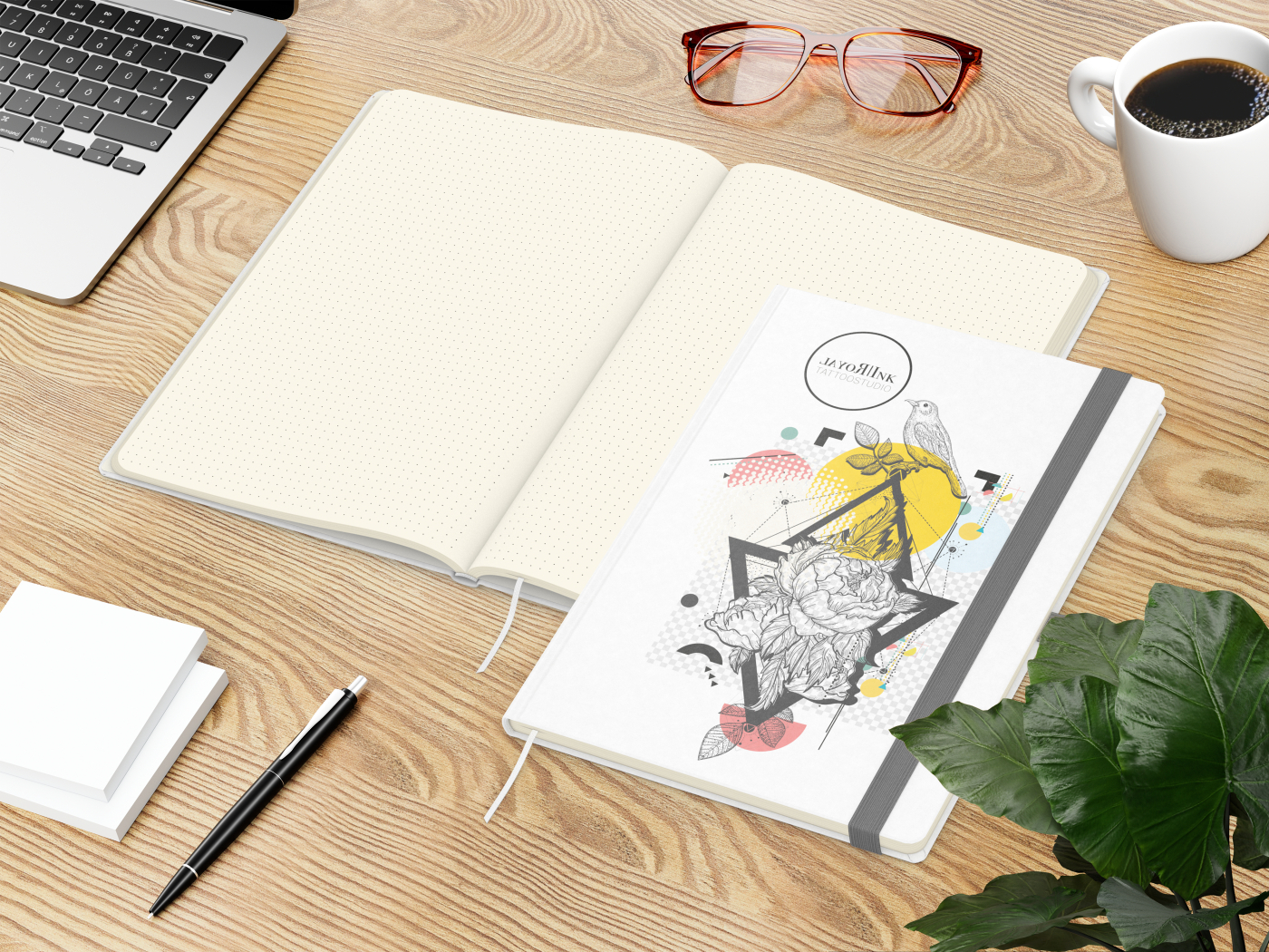 Notizbuch Match-Book Naturpapier-Hardcover individuell bedruckt, DIN A4, Papierfarbe/Lineatur Cremefarben/Punktraster, Einband-Papierfarbe Weiß