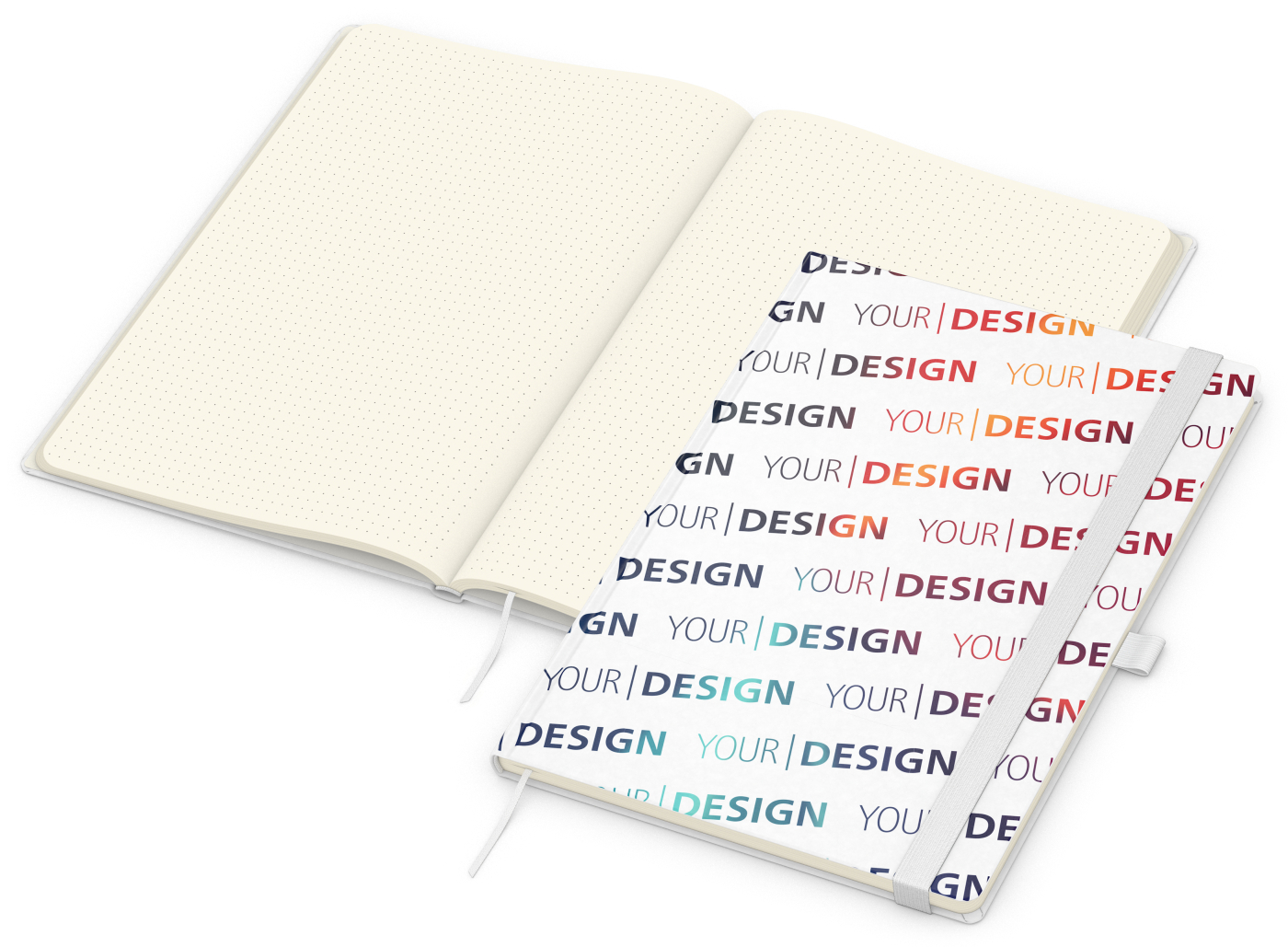 Notizbuch Match-Book Naturpapier-Hardcover individuell bedruckt, DIN A4, Papierfarbe/Lineatur Cremefarben/Punktraster, Einband-Papierfarbe Weiß