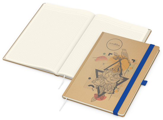 Notizbuch Match-Book Naturpapier-Hardcover individuell bedruckt, DIN A4, Papierfarbe/Lineatur Cremefarben/Winkelkaro, Einband-Papierfarbe Braun