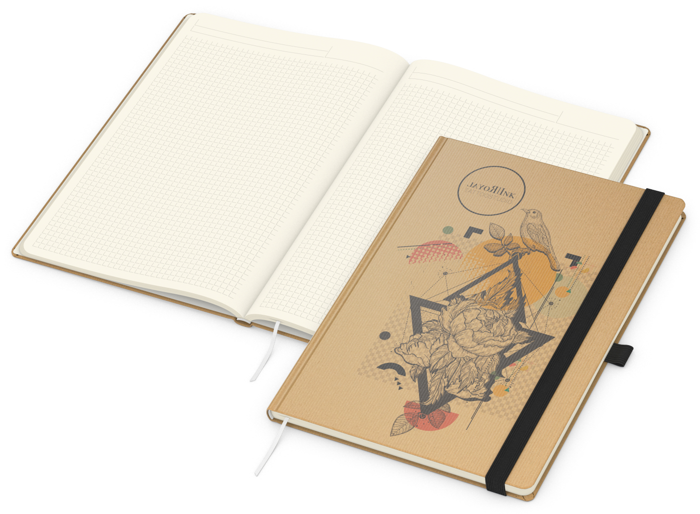 Notizbuch Match-Book Naturpapier-Hardcover individuell bedruckt, DIN A4, Papierfarbe/Lineatur Cremefarben/Winkelkaro, Einband-Papierfarbe Braun