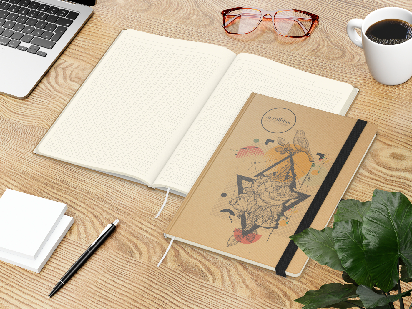 Notizbuch Match-Book Naturpapier-Hardcover individuell bedruckt, DIN A4, Papierfarbe/Lineatur Cremefarben/Winkelkaro, Einband-Papierfarbe Braun
