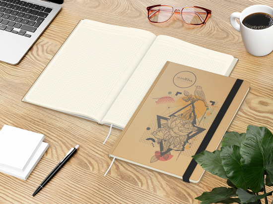 Notizbuch Match-Book Naturpapier-Hardcover individuell bedruckt, DIN A4, Papierfarbe/Lineatur Cremefarben/Winkelkaro, Einband-Papierfarbe Braun