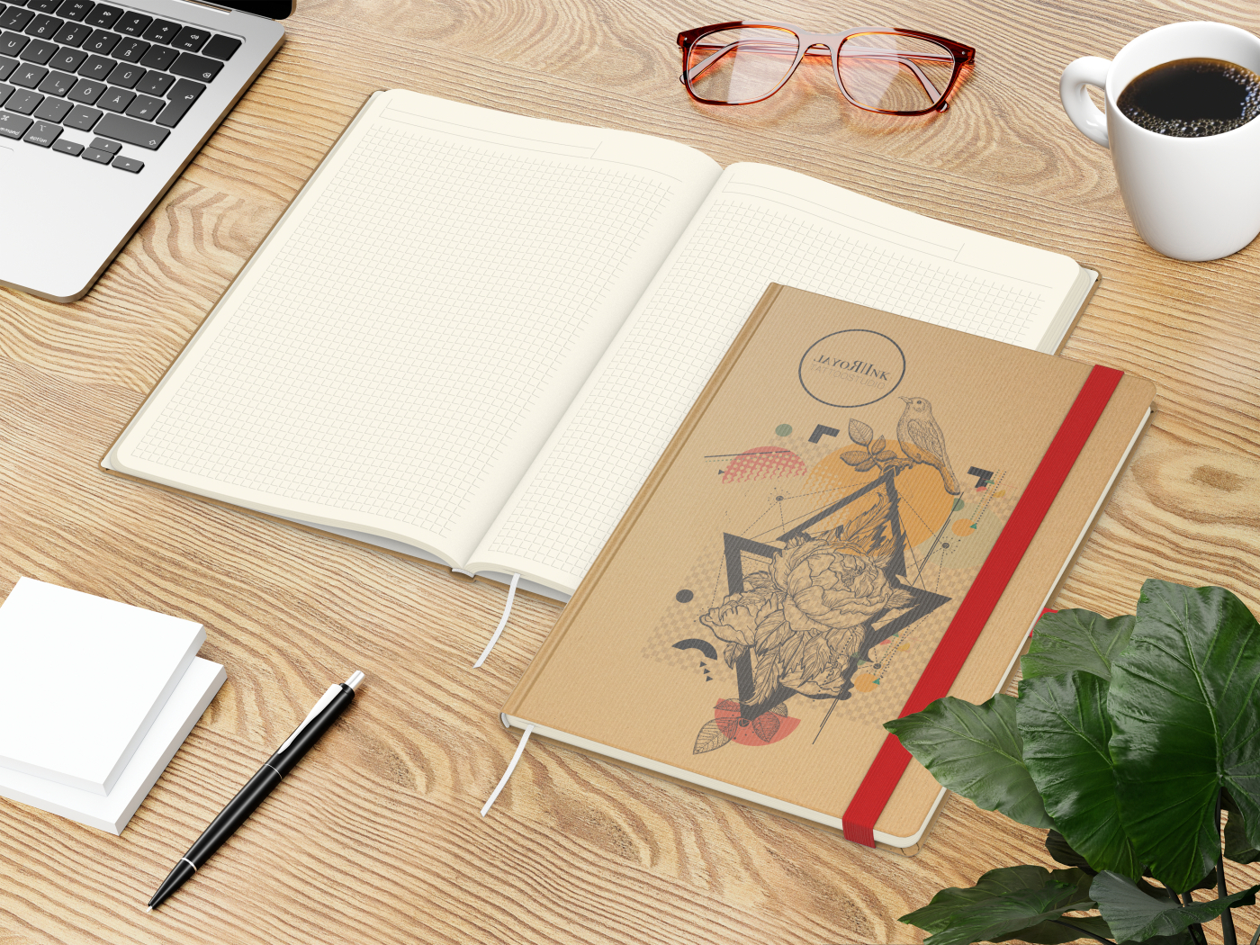 Notizbuch Match-Book Naturpapier-Hardcover individuell bedruckt, DIN A4, Papierfarbe/Lineatur Cremefarben/Winkelkaro, Einband-Papierfarbe Braun