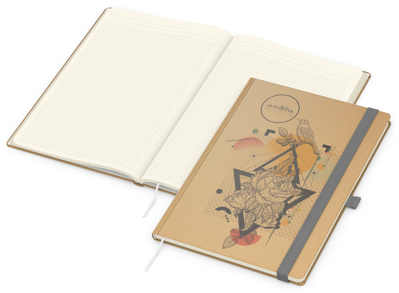 Notizbuch Match-Book Naturpapier-Hardcover individuell bedruckt, DIN A4, Papierfarbe/Lineatur Cremefarben/Winkelkaro, Einband-Papierfarbe Braun