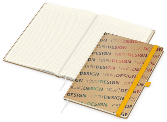 Notizbuch Match-Book Naturpapier-Hardcover individuell bedruckt, DIN A4, Papierfarbe/Lineatur Cremefarben/Winkelkaro, Einband-Papierfarbe Braun