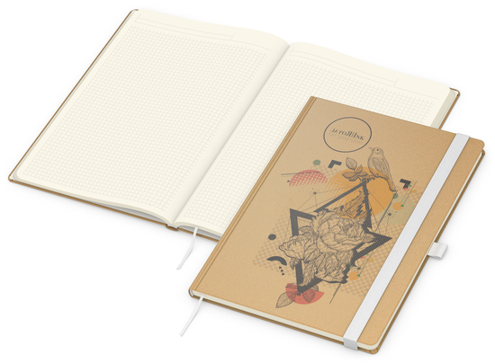 Notizbuch Match-Book Naturpapier-Hardcover individuell bedruckt, DIN A4, Papierfarbe/Lineatur Cremefarben/Winkelkaro, Einband-Papierfarbe Braun