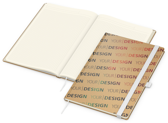 Notizbuch Match-Book Naturpapier-Hardcover individuell bedruckt, DIN A4, Papierfarbe/Lineatur Cremefarben/Winkelkaro, Einband-Papierfarbe Braun