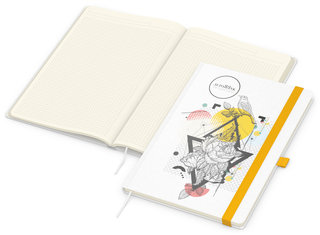 Notizbuch Match-Book Naturpapier-Hardcover individuell bedruckt, DIN A4, Papierfarbe/Lineatur Cremefarben/Winkelkaro, Einband-Papierfarbe Weiß