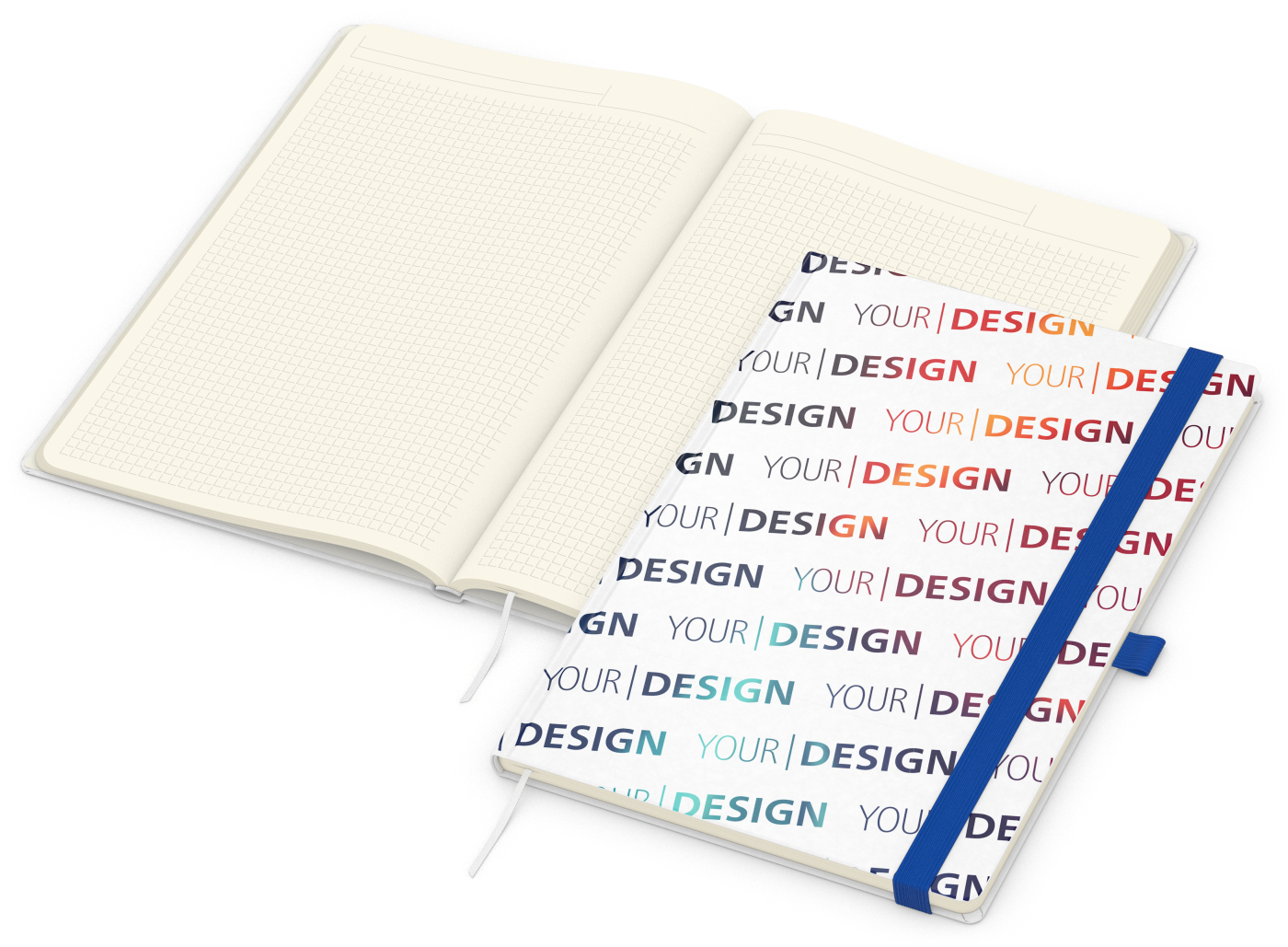 Notizbuch Match-Book Naturpapier-Hardcover individuell bedruckt, DIN A4, Papierfarbe/Lineatur Cremefarben/Winkelkaro, Einband-Papierfarbe Weiß