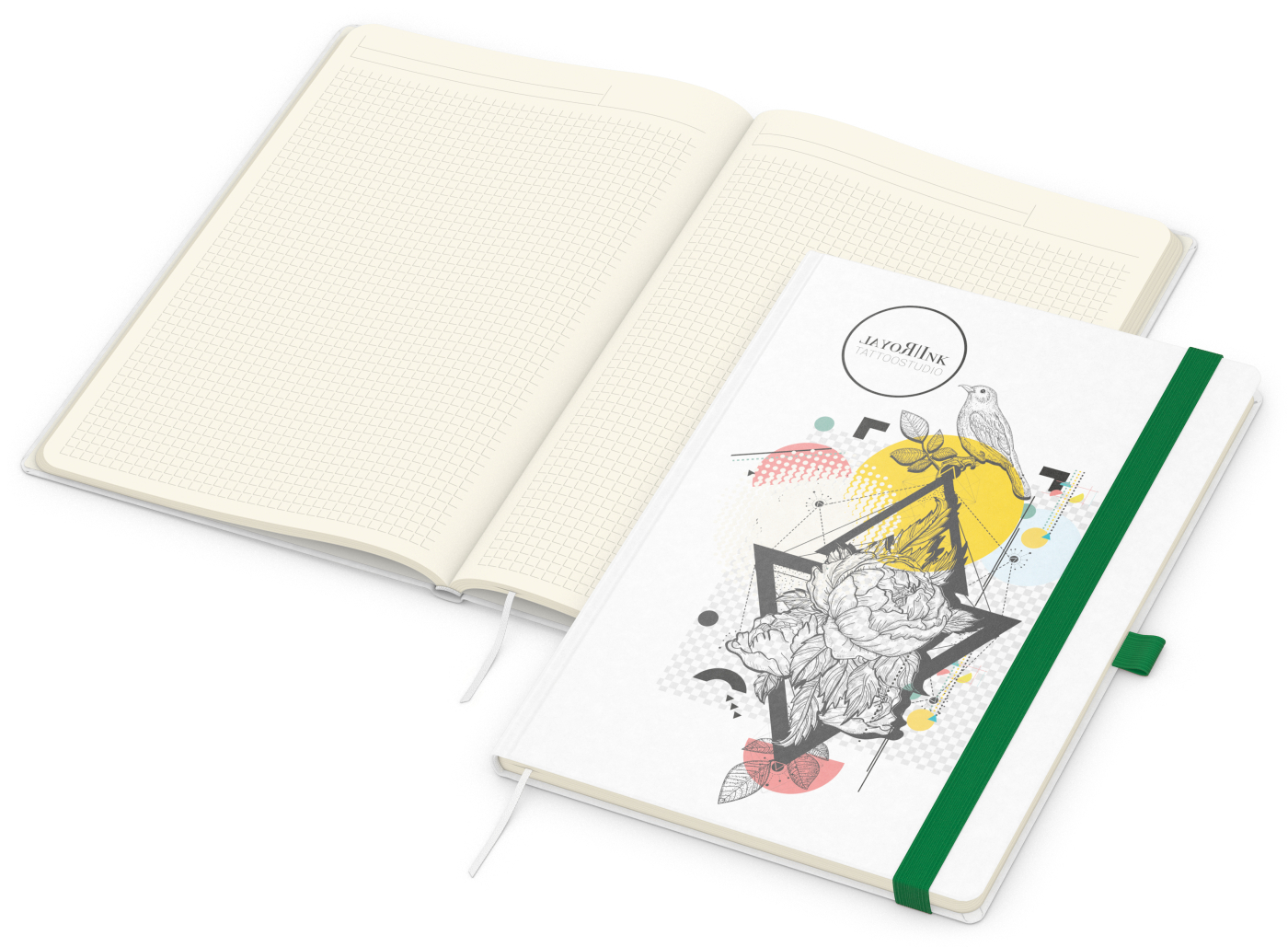 Notizbuch Match-Book Naturpapier-Hardcover individuell bedruckt, DIN A4, Papierfarbe/Lineatur Cremefarben/Winkelkaro, Einband-Papierfarbe Weiß