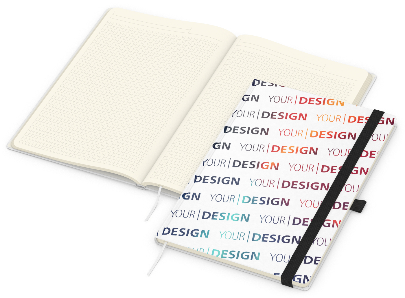 Notizbuch Match-Book Naturpapier-Hardcover individuell bedruckt, DIN A4, Papierfarbe/Lineatur Cremefarben/Winkelkaro, Einband-Papierfarbe Weiß