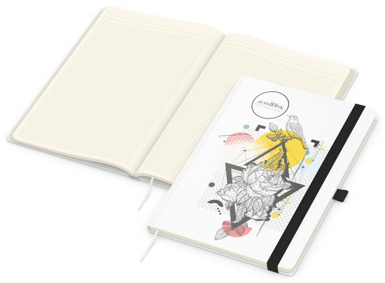 Notizbuch Match-Book Naturpapier-Hardcover individuell bedruckt, DIN A4, Papierfarbe/Lineatur Cremefarben/Winkelkaro, Einband-Papierfarbe Weiß