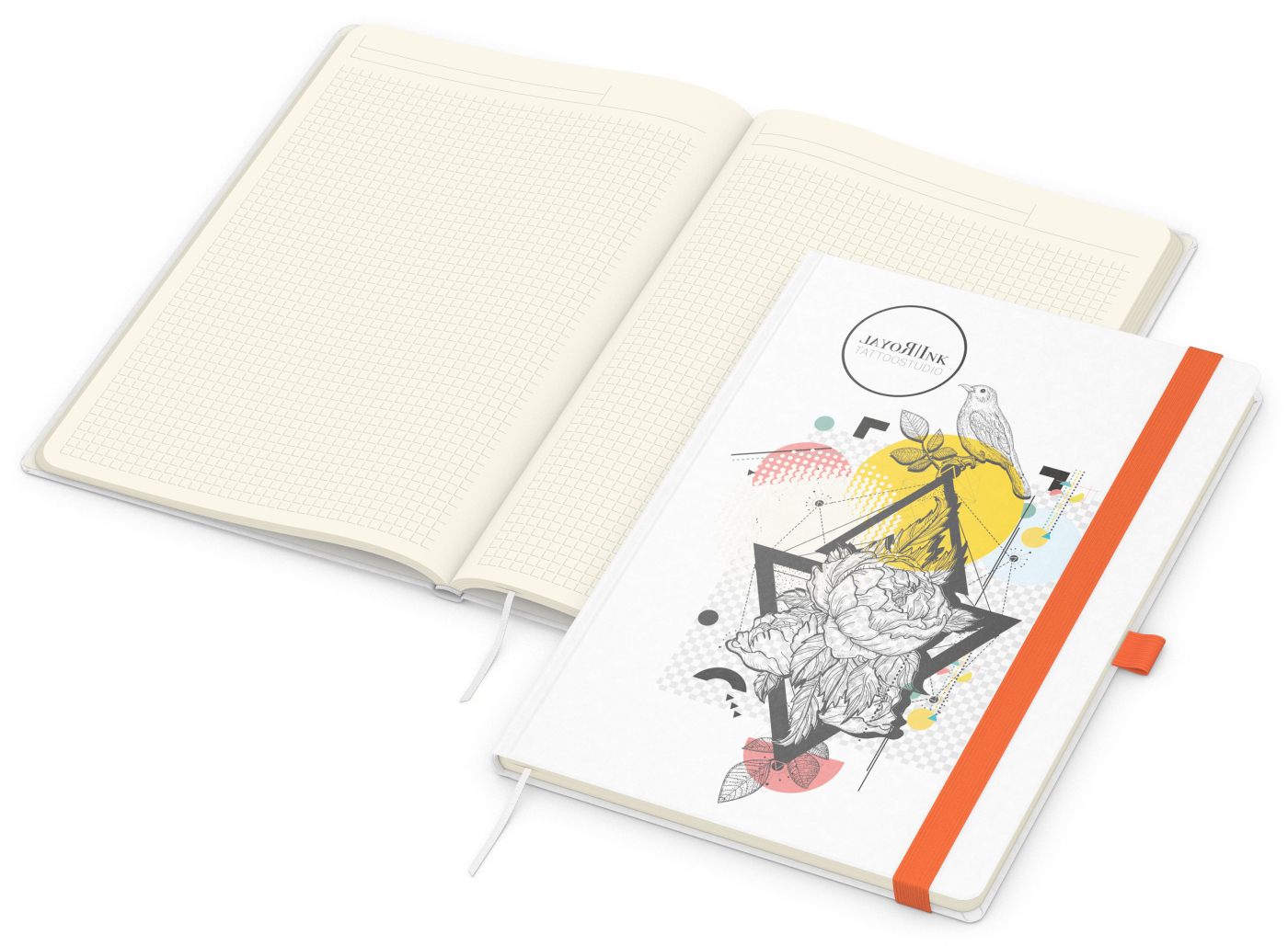 Notizbuch Match-Book Naturpapier-Hardcover individuell bedruckt, DIN A4, Papierfarbe/Lineatur Cremefarben/Winkelkaro, Einband-Papierfarbe Weiß