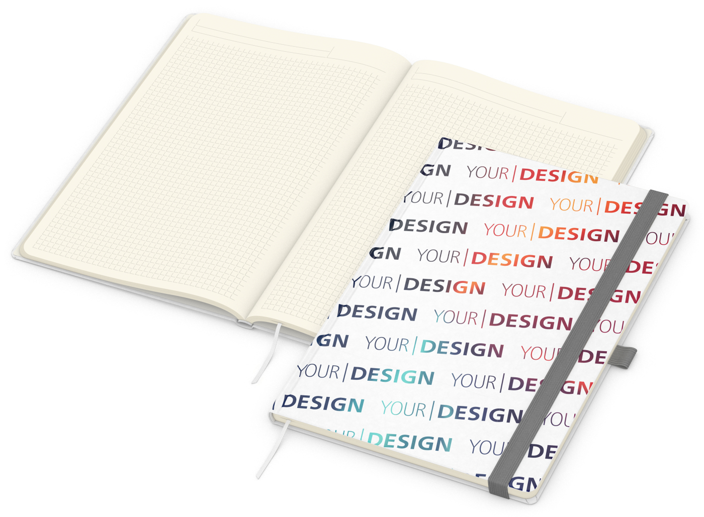 Notizbuch Match-Book Naturpapier-Hardcover individuell bedruckt, DIN A4, Papierfarbe/Lineatur Cremefarben/Winkelkaro, Einband-Papierfarbe Weiß
