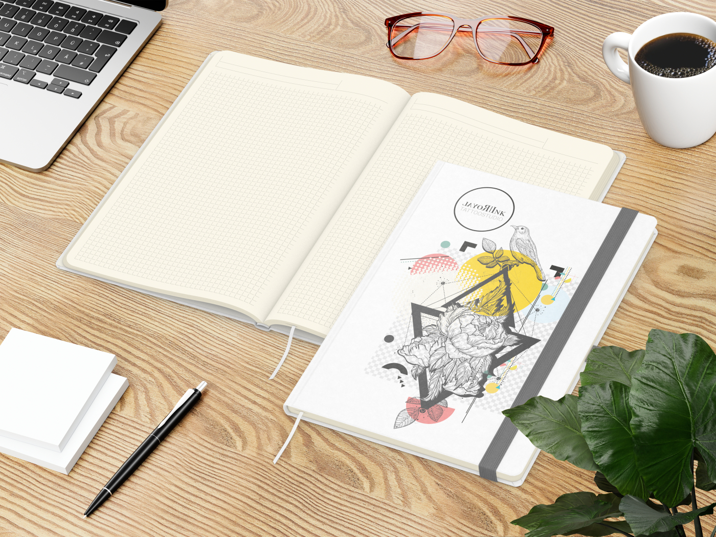 Notizbuch Match-Book Naturpapier-Hardcover individuell bedruckt, DIN A4, Papierfarbe/Lineatur Cremefarben/Winkelkaro, Einband-Papierfarbe Weiß