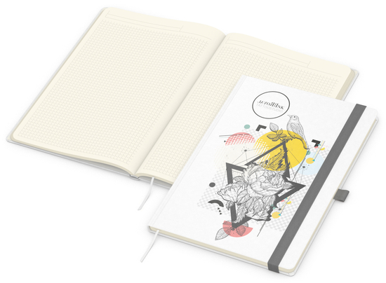Notizbuch Match-Book Naturpapier-Hardcover individuell bedruckt, DIN A4, Papierfarbe/Lineatur Cremefarben/Winkelkaro, Einband-Papierfarbe Weiß
