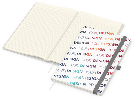 Notizbuch Match-Book Naturpapier-Hardcover individuell bedruckt, DIN A4, Papierfarbe/Lineatur Cremefarben/Winkelkaro, Einband-Papierfarbe Weiß