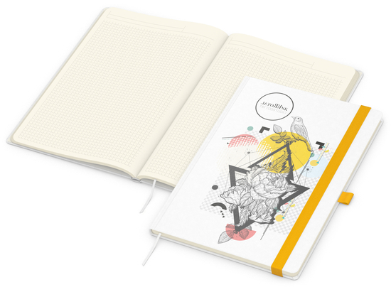 Notizbuch Match-Book Naturpapier-Hardcover individuell bedruckt, DIN A4, Papierfarbe/Lineatur Cremefarben/Winkelkaro, Einband-Papierfarbe Weiß