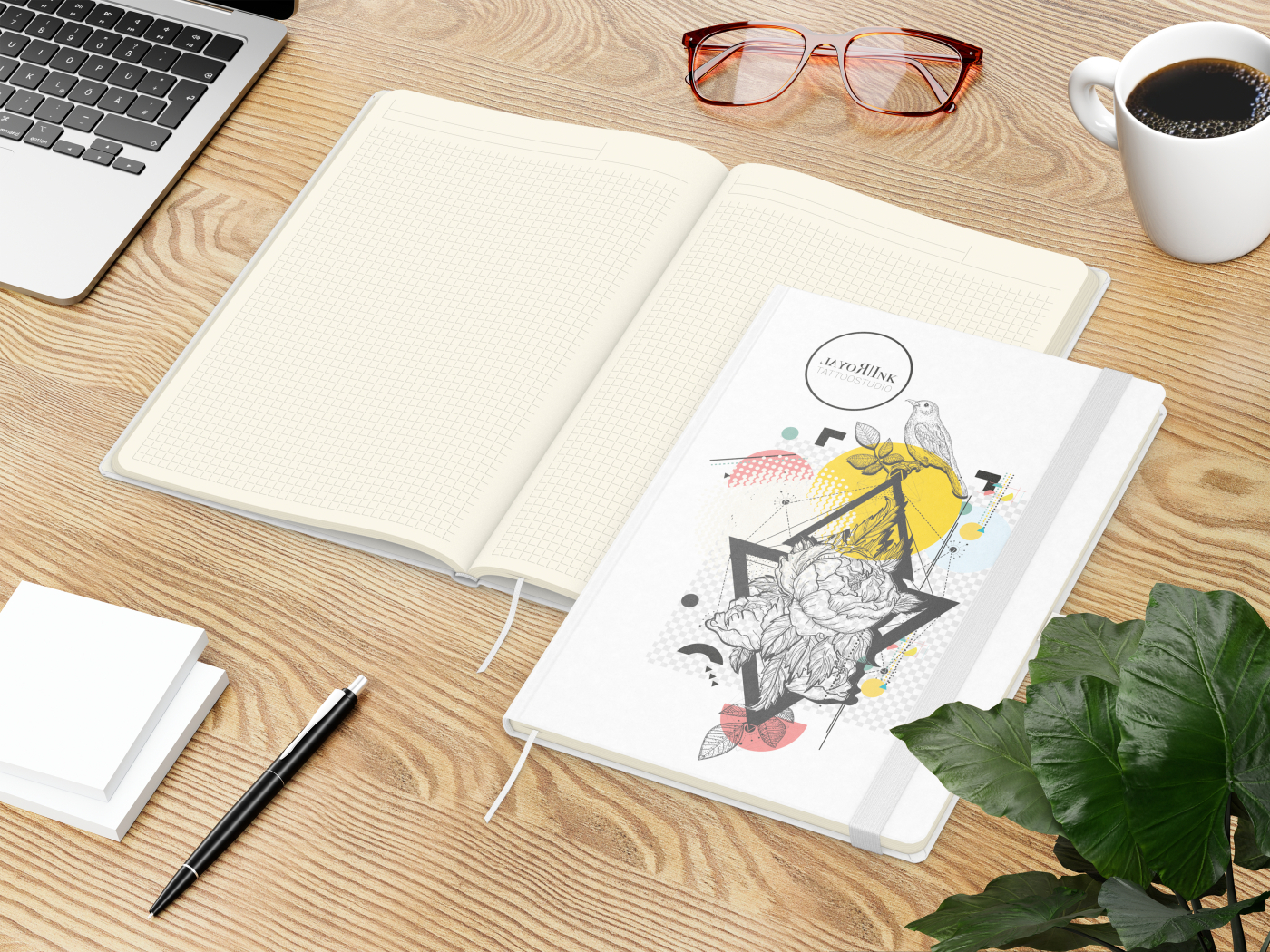 Notizbuch Match-Book Naturpapier-Hardcover individuell bedruckt, DIN A4, Papierfarbe/Lineatur Cremefarben/Winkelkaro, Einband-Papierfarbe Weiß