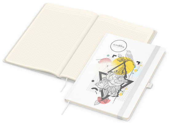 Notizbuch Match-Book Naturpapier-Hardcover individuell bedruckt, DIN A4, Papierfarbe/Lineatur Cremefarben/Winkelkaro, Einband-Papierfarbe Weiß