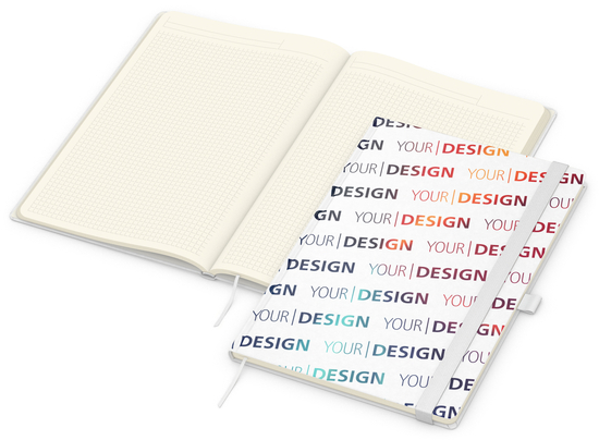 Notizbuch Match-Book Naturpapier-Hardcover individuell bedruckt, DIN A4, Papierfarbe/Lineatur Cremefarben/Winkelkaro, Einband-Papierfarbe Weiß