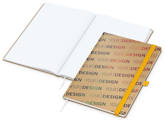 Notizbuch Match-Book Naturpapier-Hardcover individuell bedruckt, DIN A4, Papierfarbe/Lineatur Hochweiß/Punktraster, Einband-Papierfarbe Braun
