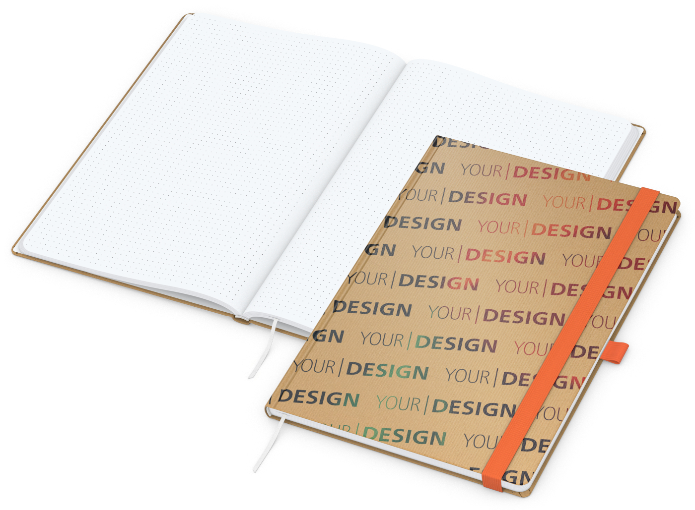 Notizbuch Match-Book Naturpapier-Hardcover individuell bedruckt, DIN A4, Papierfarbe/Lineatur Hochweiß/Punktraster, Einband-Papierfarbe Braun