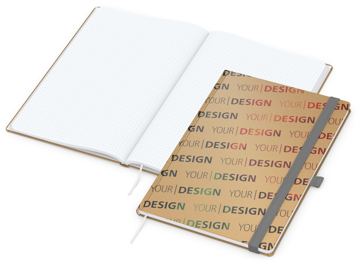 Notizbuch Match-Book Naturpapier-Hardcover individuell bedruckt, DIN A4, Papierfarbe/Lineatur Hochweiß/Punktraster, Einband-Papierfarbe Braun