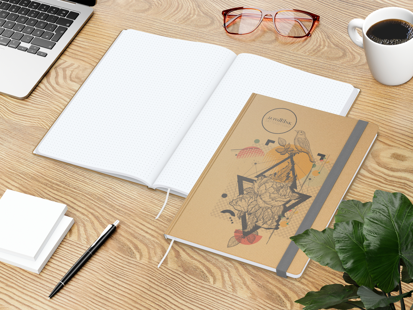 Notizbuch Match-Book Naturpapier-Hardcover individuell bedruckt, DIN A4, Papierfarbe/Lineatur Hochweiß/Punktraster, Einband-Papierfarbe Braun