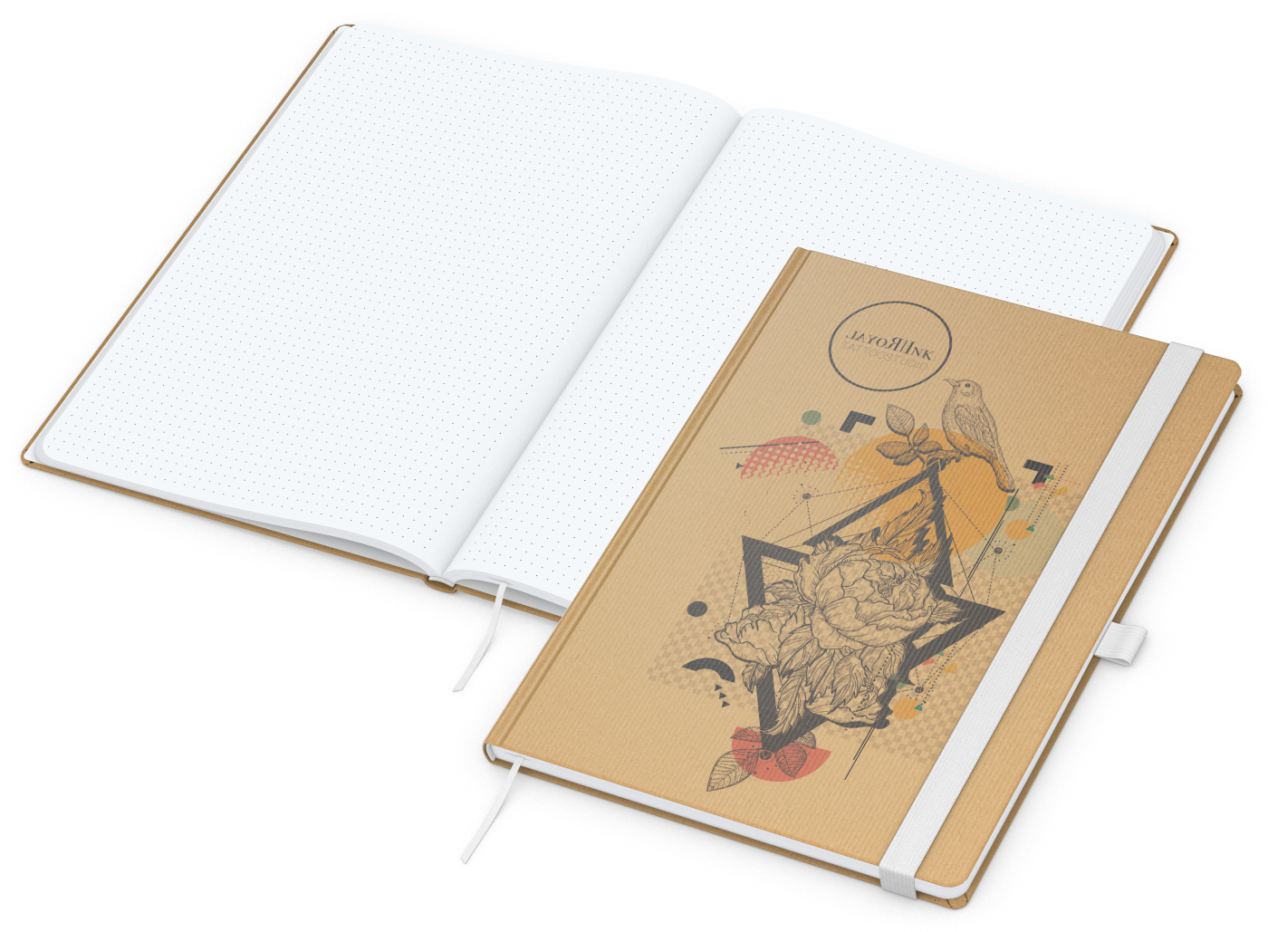 Notizbuch Match-Book Naturpapier-Hardcover individuell bedruckt, DIN A4, Papierfarbe/Lineatur Hochweiß/Punktraster, Einband-Papierfarbe Braun