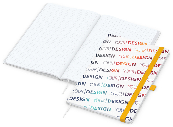 Notizbuch Match-Book Naturpapier-Hardcover individuell bedruckt, DIN A4, Papierfarbe/Lineatur Hochweiß/Punktraster, Einband-Papierfarbe Weiß