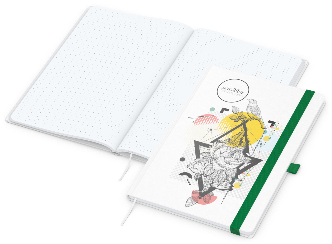 Notizbuch Match-Book Naturpapier-Hardcover individuell bedruckt, DIN A4, Papierfarbe/Lineatur Hochweiß/Punktraster, Einband-Papierfarbe Weiß