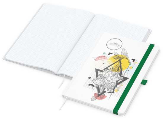 Notizbuch Match-Book Naturpapier-Hardcover individuell bedruckt, DIN A4, Papierfarbe/Lineatur Hochweiß/Punktraster, Einband-Papierfarbe Weiß