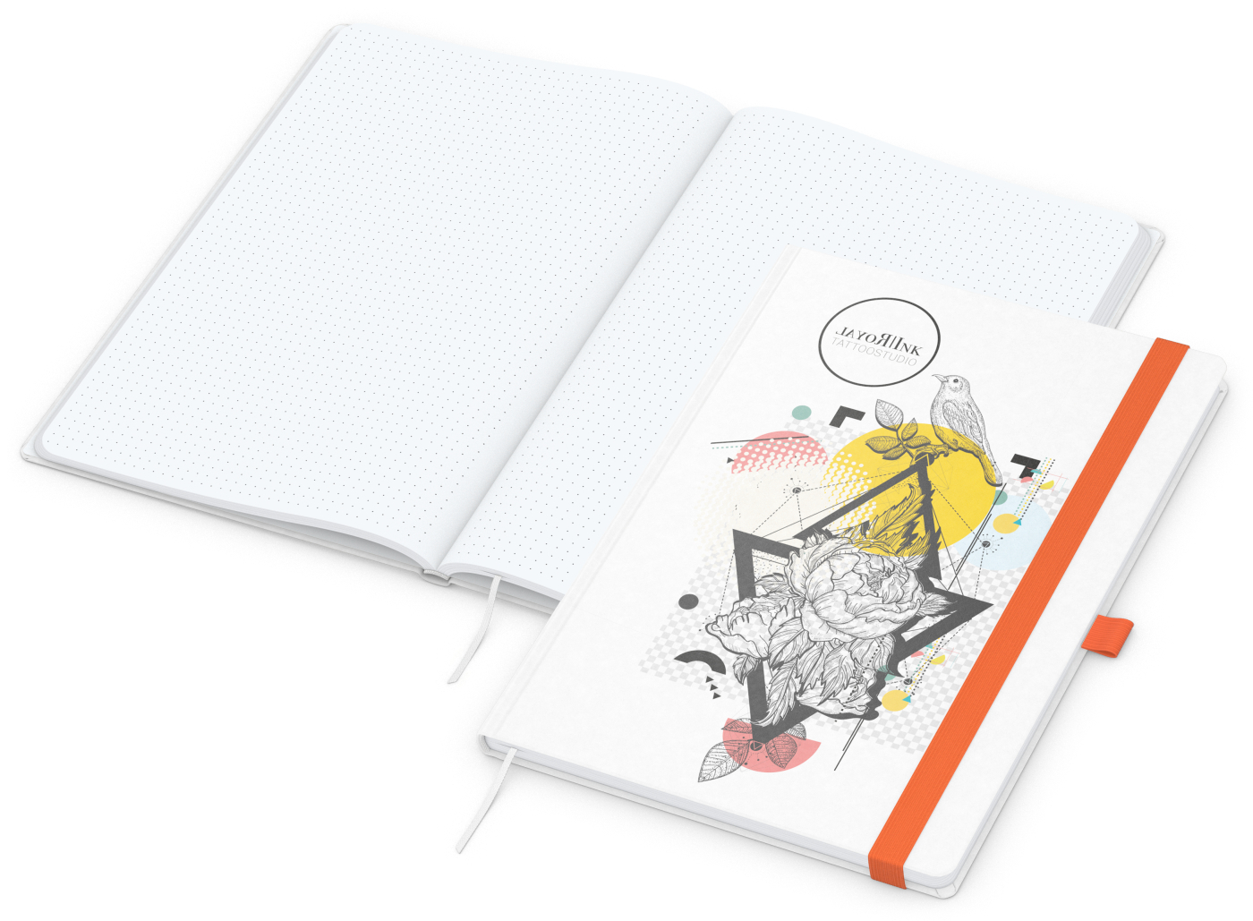 Notizbuch Match-Book Naturpapier-Hardcover individuell bedruckt, DIN A4, Papierfarbe/Lineatur Hochweiß/Punktraster, Einband-Papierfarbe Weiß