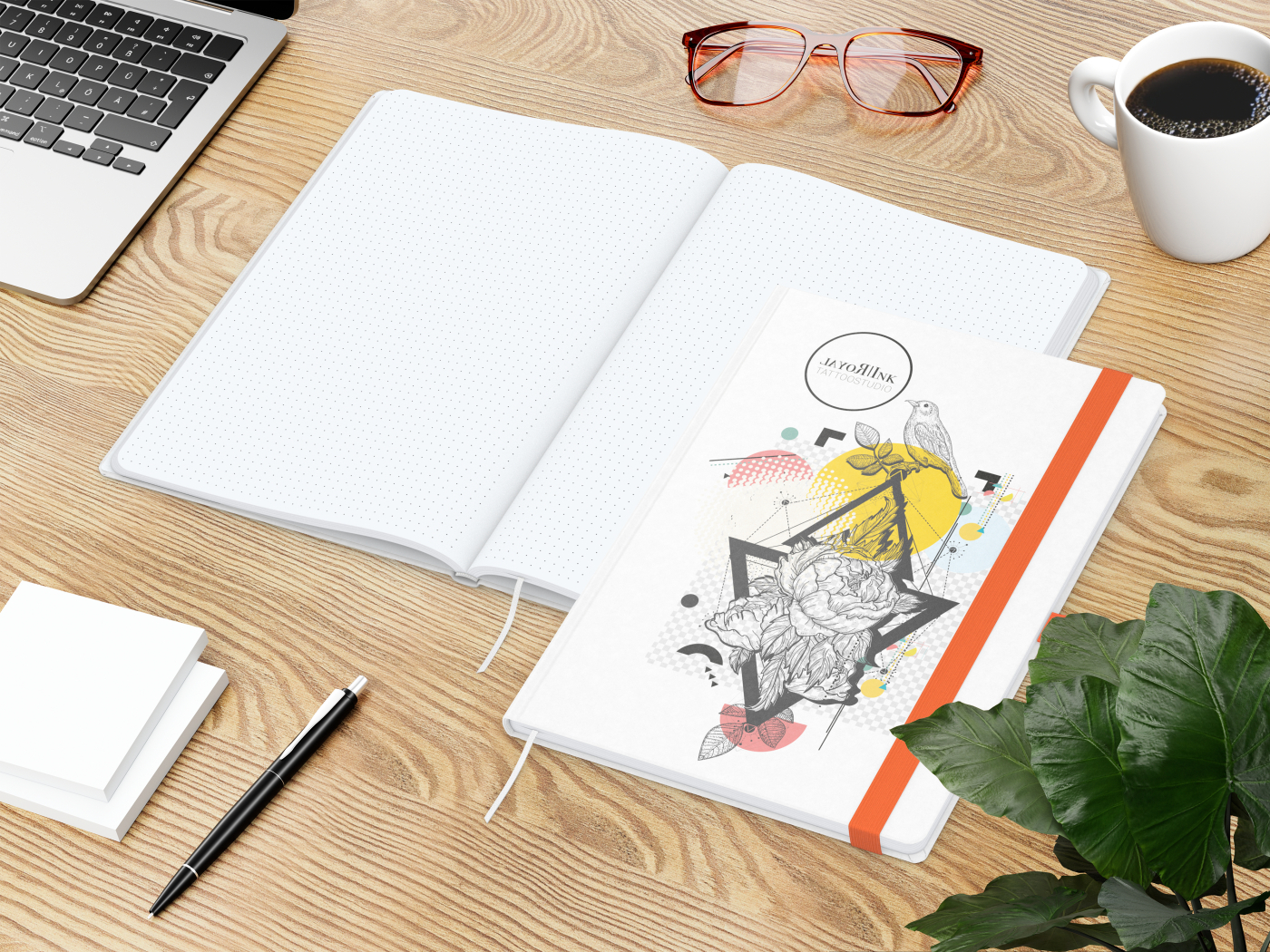Notizbuch Match-Book Naturpapier-Hardcover individuell bedruckt, DIN A4, Papierfarbe/Lineatur Hochweiß/Punktraster, Einband-Papierfarbe Weiß