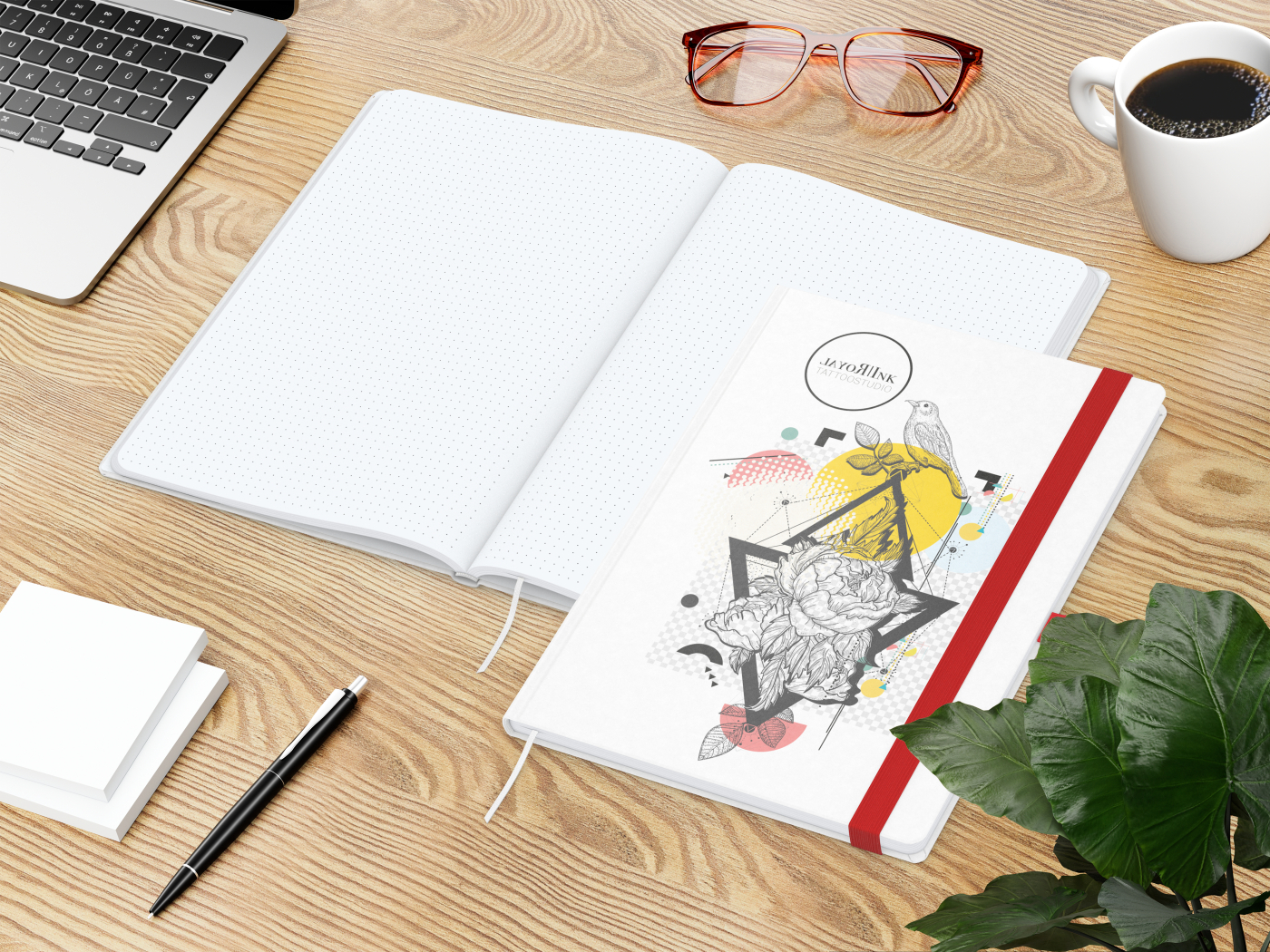 Notizbuch Match-Book Naturpapier-Hardcover individuell bedruckt, DIN A4, Papierfarbe/Lineatur Hochweiß/Punktraster, Einband-Papierfarbe Weiß