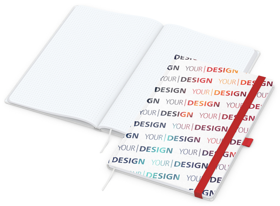 Notizbuch Match-Book Naturpapier-Hardcover individuell bedruckt, DIN A4, Papierfarbe/Lineatur Hochweiß/Punktraster, Einband-Papierfarbe Weiß