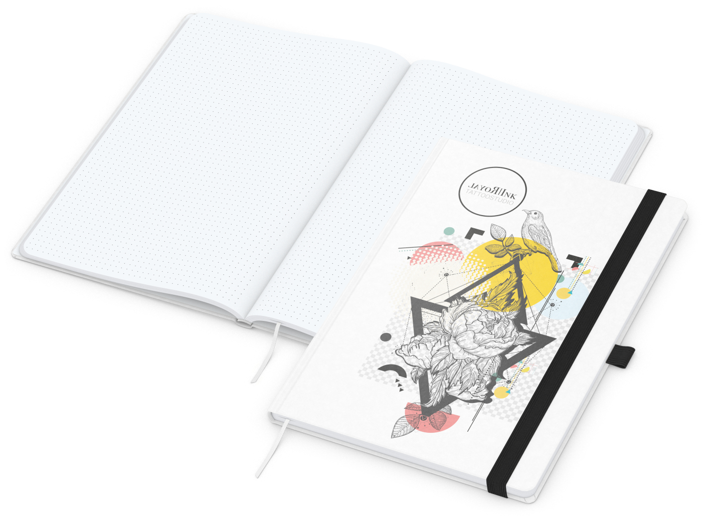 Notizbuch Match-Book Naturpapier-Hardcover individuell bedruckt, DIN A4, Papierfarbe/Lineatur Hochweiß/Punktraster, Einband-Papierfarbe Weiß