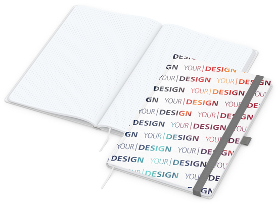 Notizbuch Match-Book Naturpapier-Hardcover individuell bedruckt, DIN A4, Papierfarbe/Lineatur Hochweiß/Punktraster, Einband-Papierfarbe Weiß