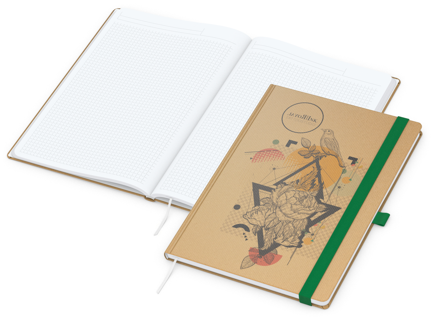 Notizbuch Match-Book Naturpapier-Hardcover individuell bedruckt, DIN A4, Papierfarbe/Lineatur Hochweiß/Winkelkaro, Einband-Papierfarbe Braun