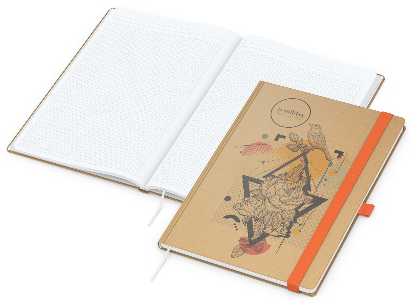 Notizbuch Match-Book Naturpapier-Hardcover individuell bedruckt, DIN A4, Papierfarbe/Lineatur Hochweiß/Winkelkaro, Einband-Papierfarbe Braun