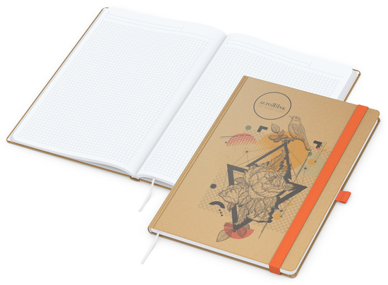 Notizbuch Match-Book Naturpapier-Hardcover individuell bedruckt, DIN A4, Papierfarbe/Lineatur Hochweiß/Winkelkaro, Einband-Papierfarbe Braun