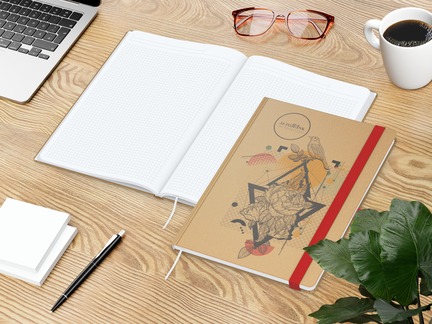 Notizbuch Match-Book Naturpapier-Hardcover individuell bedruckt, DIN A4, Papierfarbe/Lineatur Hochweiß/Winkelkaro, Einband-Papierfarbe Braun