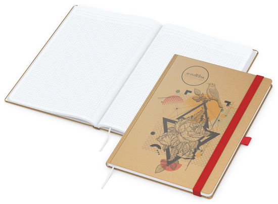 Notizbuch Match-Book Naturpapier-Hardcover individuell bedruckt, DIN A4, Papierfarbe/Lineatur Hochweiß/Winkelkaro, Einband-Papierfarbe Braun